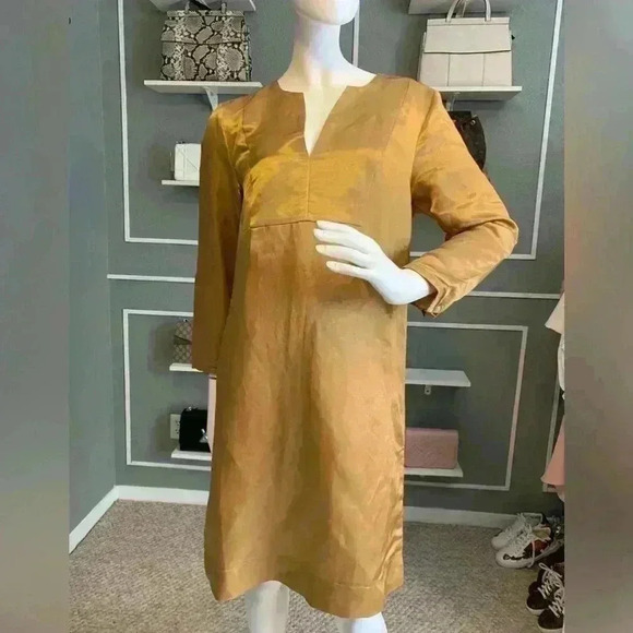 J. CREW Womens Dress Silk ROSIE Tunic 3/4 Sleeve Gold Color Size M. D10 - Picture 1 of 9